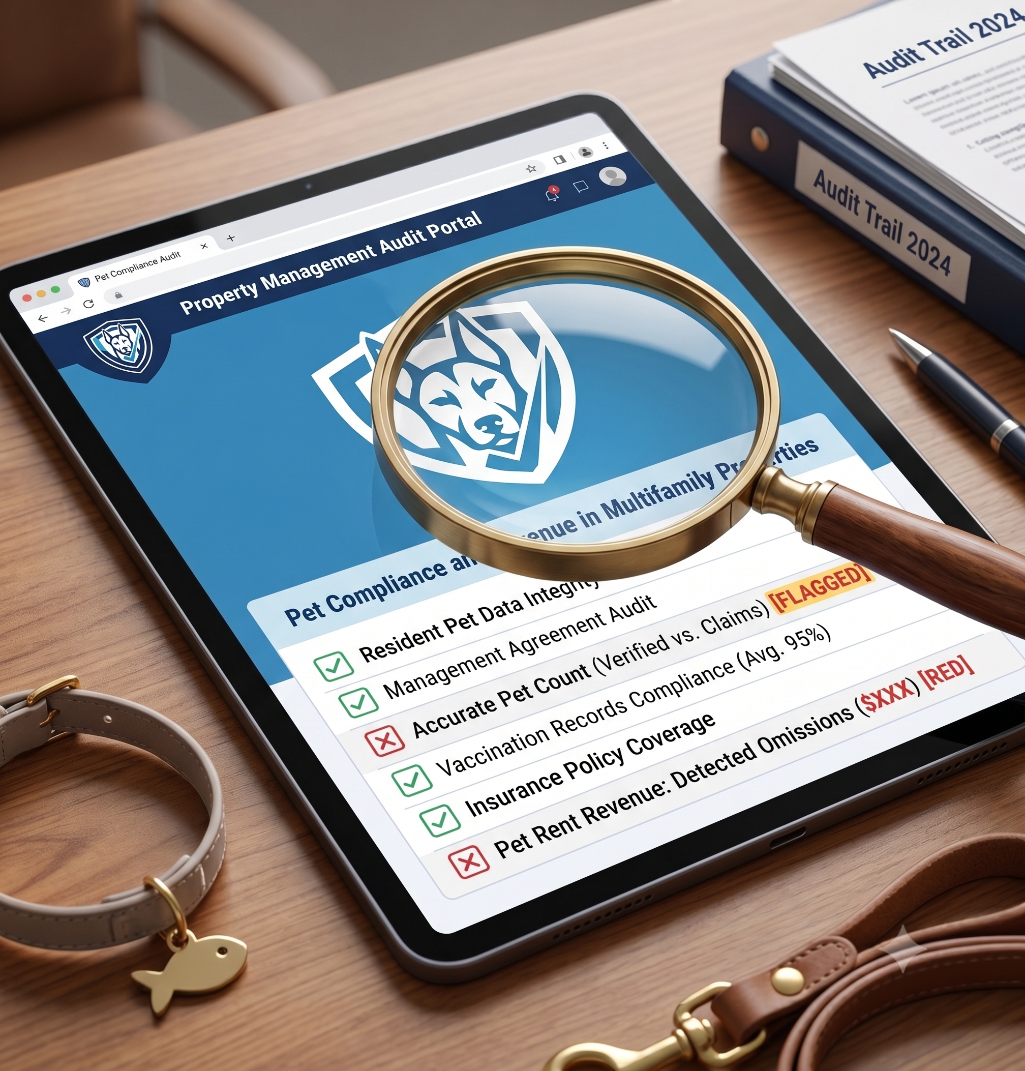 A magnifying glass hovering over a digital tablet displaying property management software, with a dog silhouette icon, symbolizing an audit of pet compliance and revenue in multifamily properties.