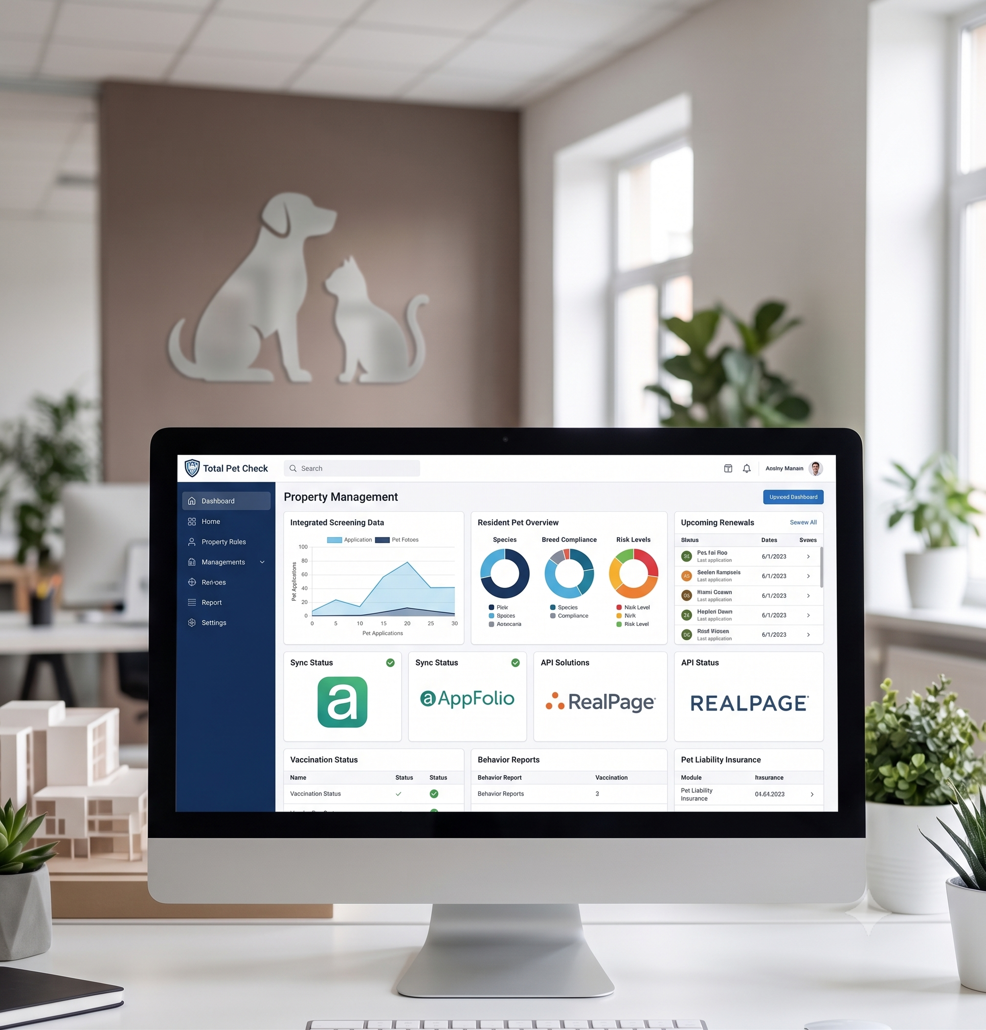 A digital dashboard displaying integrated pet screening data within property management software, showing icons for AppFolio and RealPage, with a dog and cat silhouette in the background.