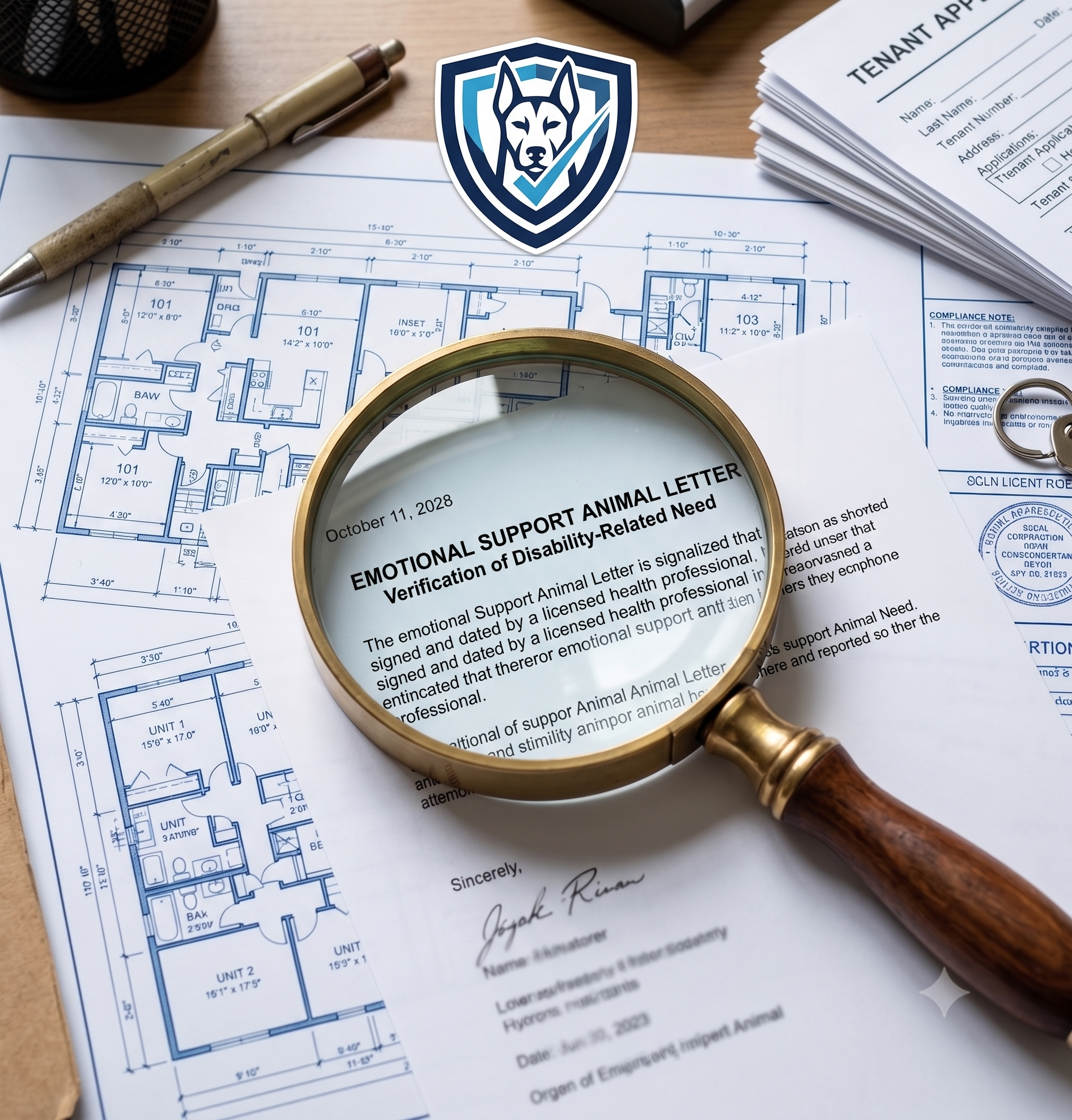 A magnifying glass examining a document with 'Emotional Support Animal Letter' visible, overlaid on a blueprint of an apartment complex, symbolizing scrutiny and compliance in property management.