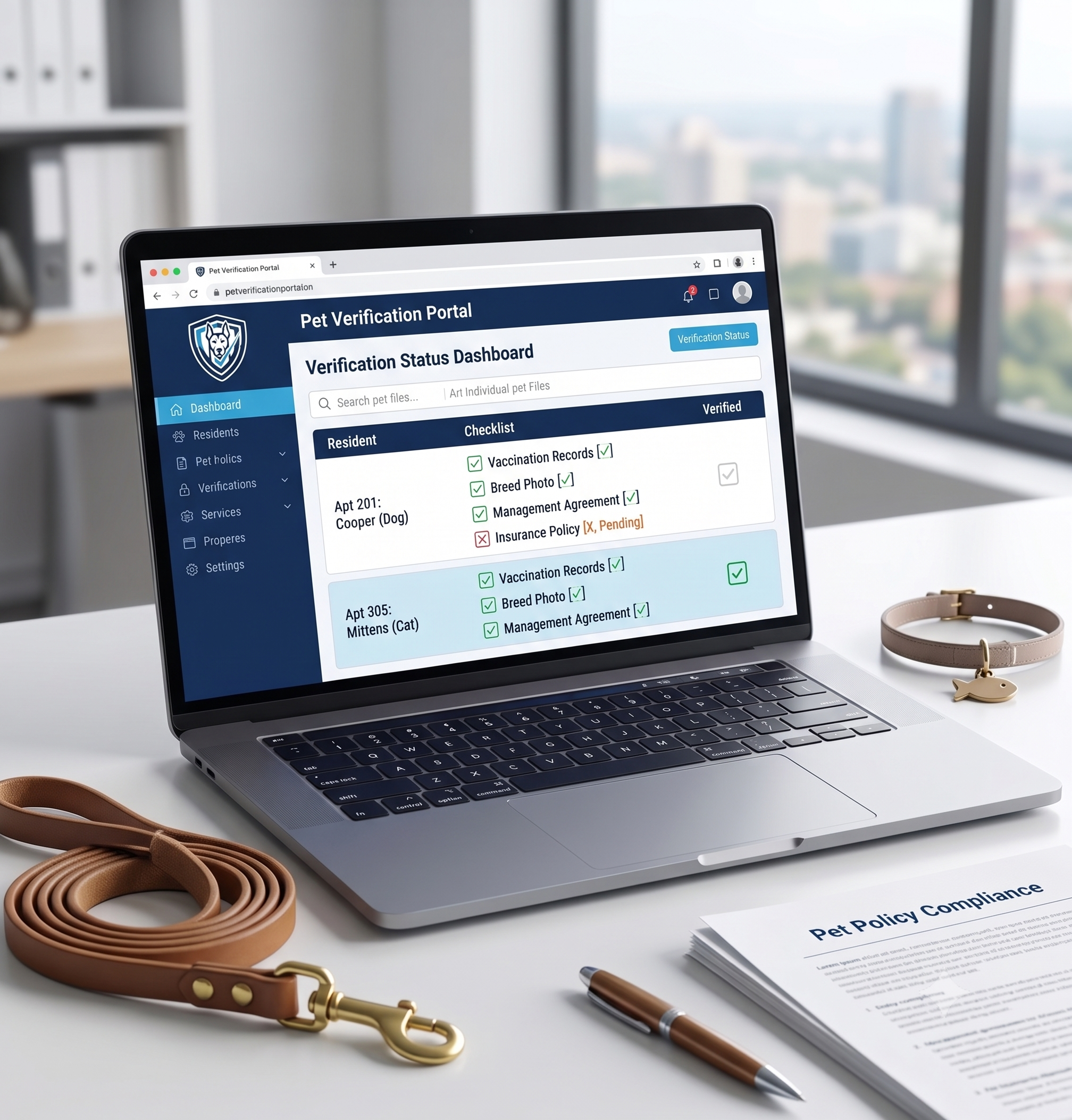 A laptop screen displaying pet verification software with a checklist, surrounded by pet accessories like a dog leash and a cat collar, symbolizing modern property management compliance.