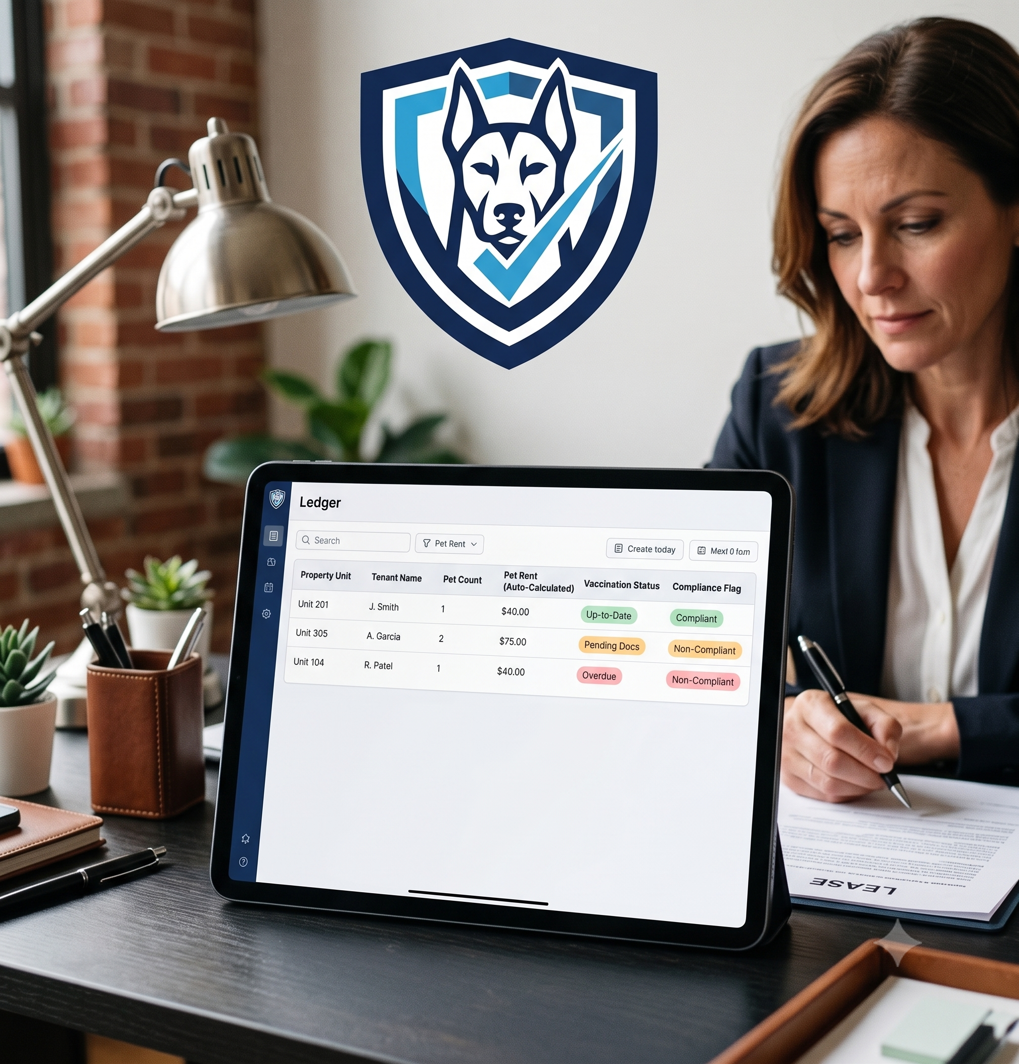 Digital ledger displaying automated pet rent calculations and compliance data on a tablet, with a property manager reviewing it in the background.