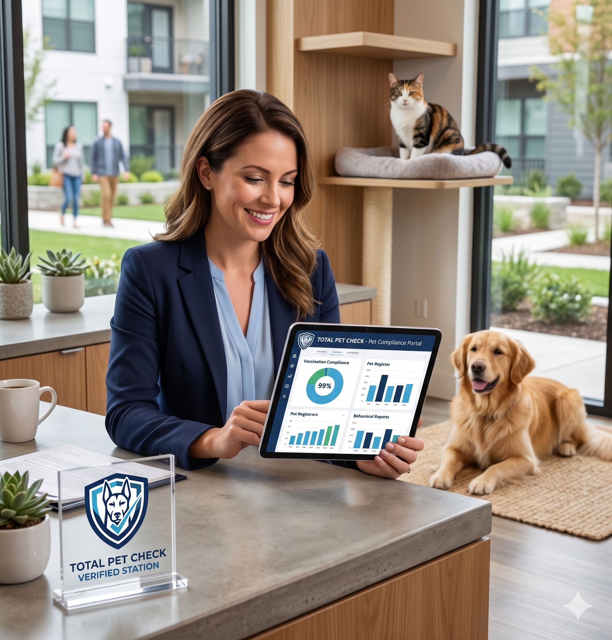 A modern, professional property manager smiling while reviewing pet compliance data on a tablet, with a friendly dog and cat in the background, symbolizing efficient and high-quality pet verification.