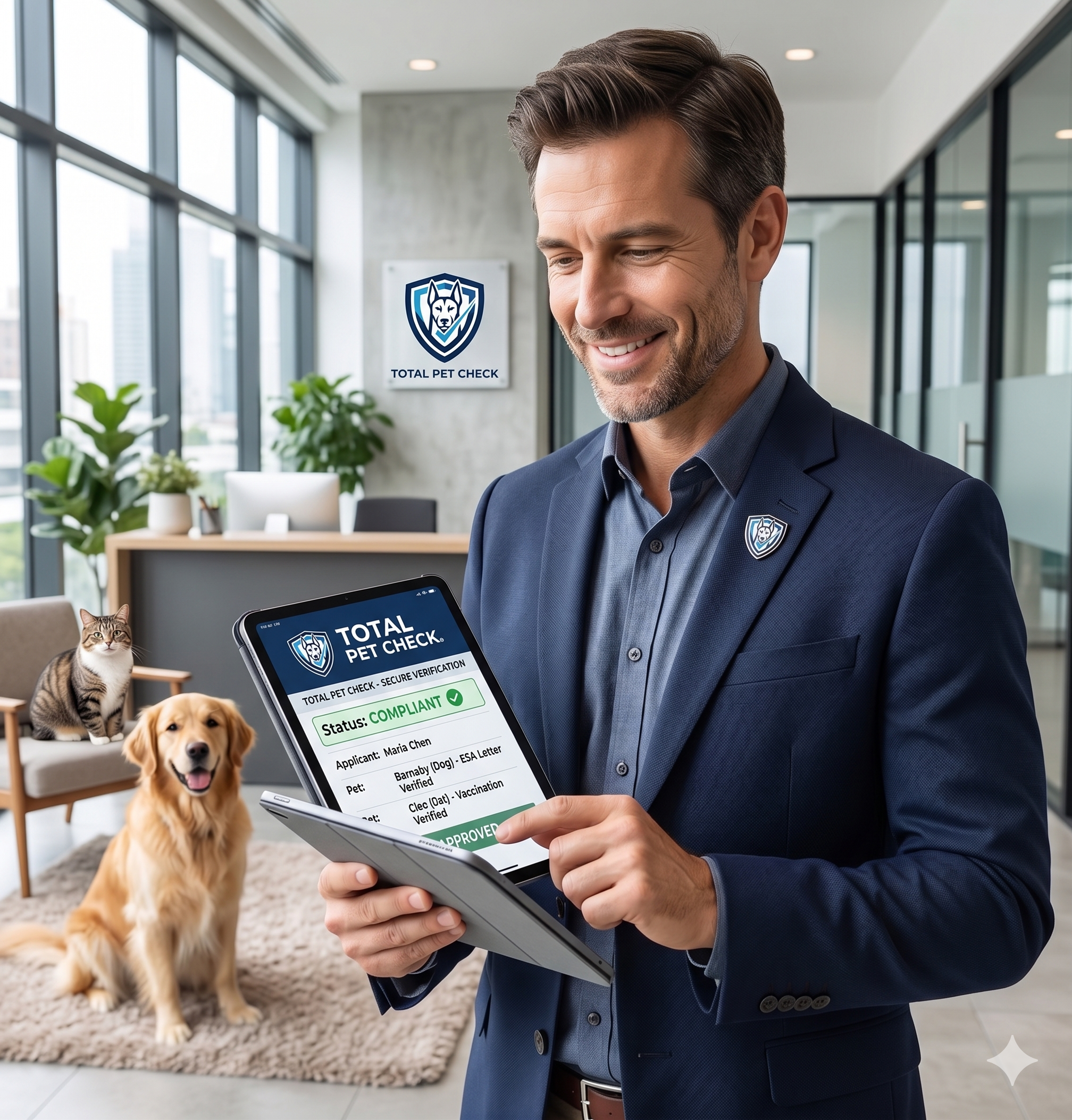 A professional property manager confidently reviewing digital pet compliance documents on a tablet, with a happy dog and cat in the background, symbolizing secure and efficient ESA verification.