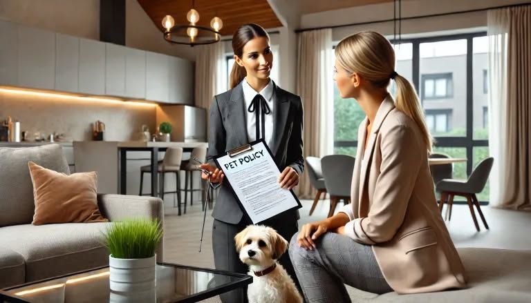 A property manager thoughtfully reviewing documents related to Fair Housing Act and Emotional Support Animal compliance, with a laptop displaying a digital screening platform and a clipboard with a checklist, symbolizing modern compliance infrastructure.