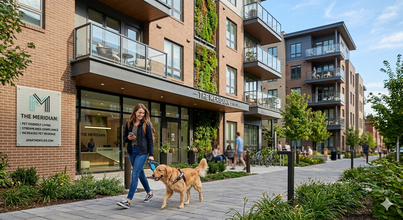 A modern apartment building with a happy resident walking a dog, symbolizing increased pet revenue and streamlined compliance for multifamily properties.