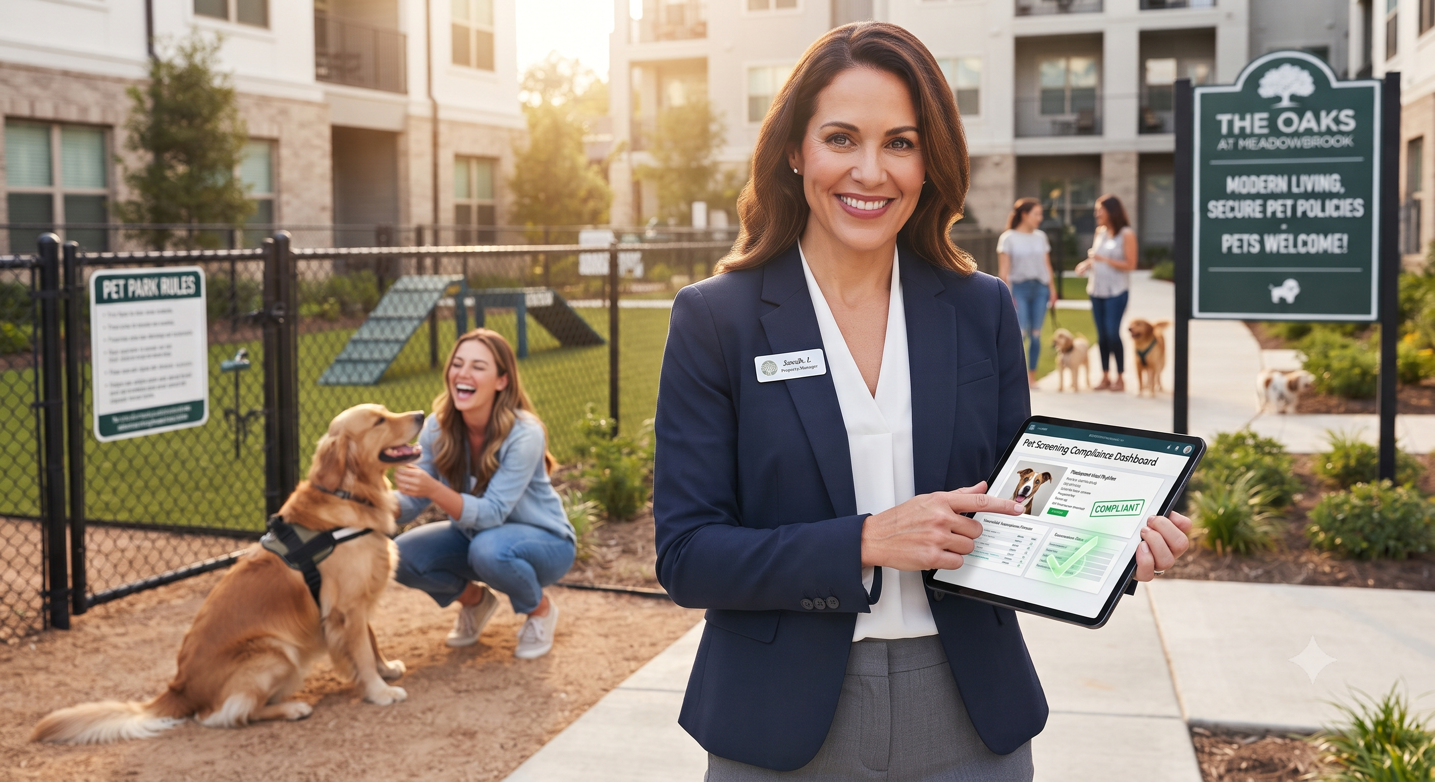 A property manager confidently reviewing pet compliance documents on a tablet, with a happy resident and their well-screened pet in the background, symbolizing modern, secure pet management.
