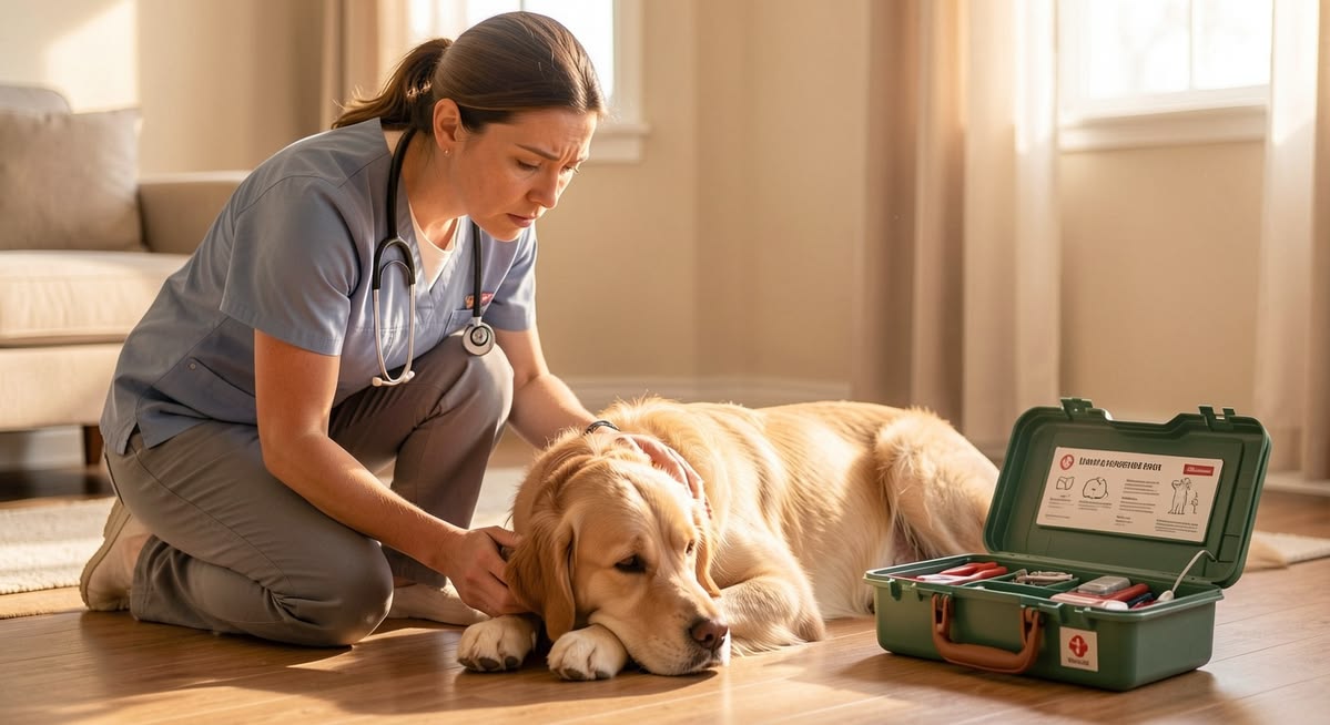 A property manager looking concerned at a tablet displaying complex legal documents, with a silhouette of a dog and cat in the background, symbolizing the new challenges in pet compliance post-2026 HUD memo.