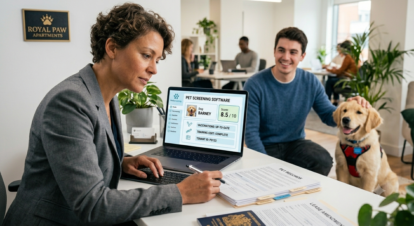 A property manager thoughtfully reviewing documents with a laptop displaying pet screening software, while a happy tenant with a well-behaved dog smiles in the background, illustrating efficient and fair pet compliance.