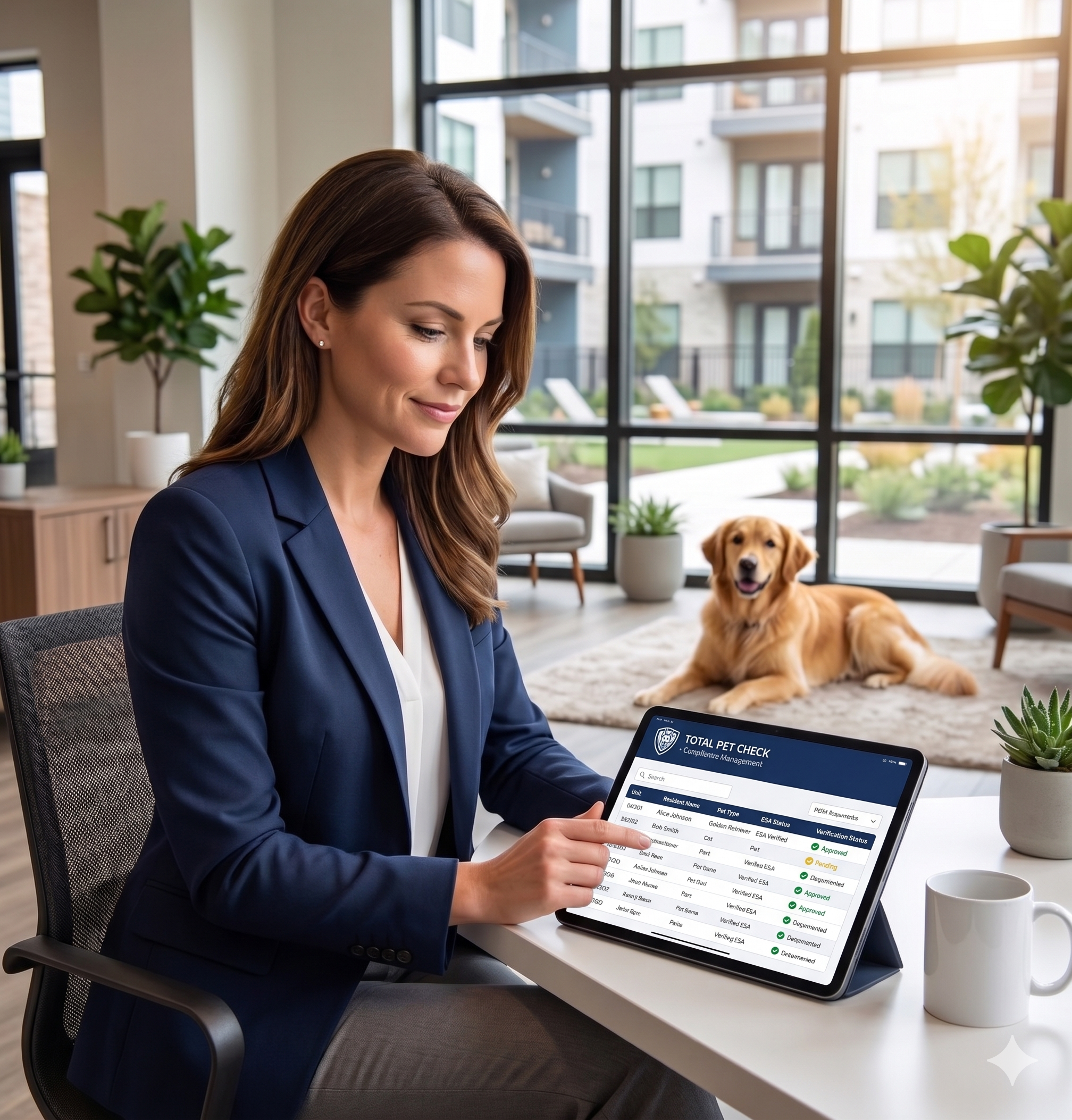 A property manager reviewing digital documents on a tablet, with a friendly dog in the background, symbolizing modern pet and ESA compliance management.