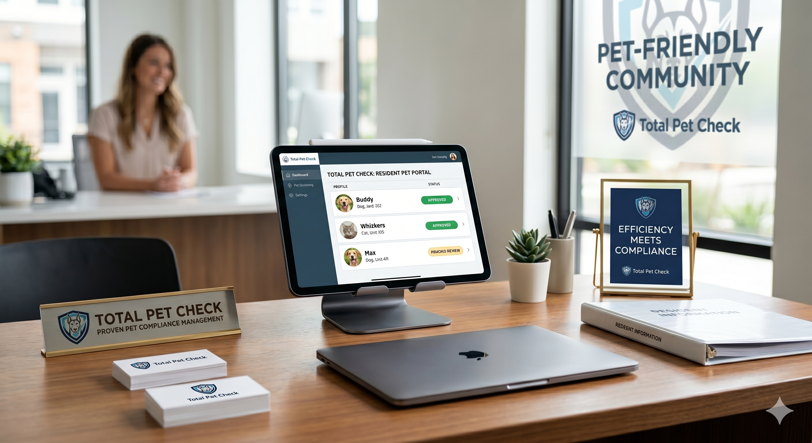A modern, organized leasing office desk with a tablet displaying pet screening software, symbolizing efficient pet compliance management for residential properties.