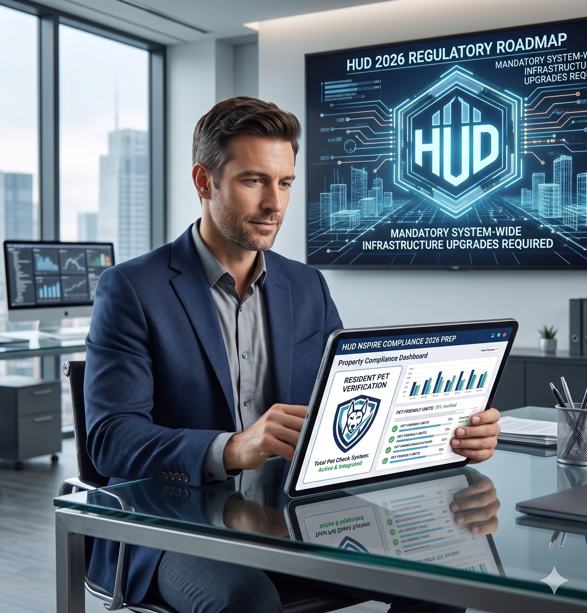 A modern property manager sits at a desk, looking at a compliance dashboard on a tablet, with a stylized HUD logo in the background, symbolizing the impending 2026 regulatory changes and the need for upgraded infrastructure.